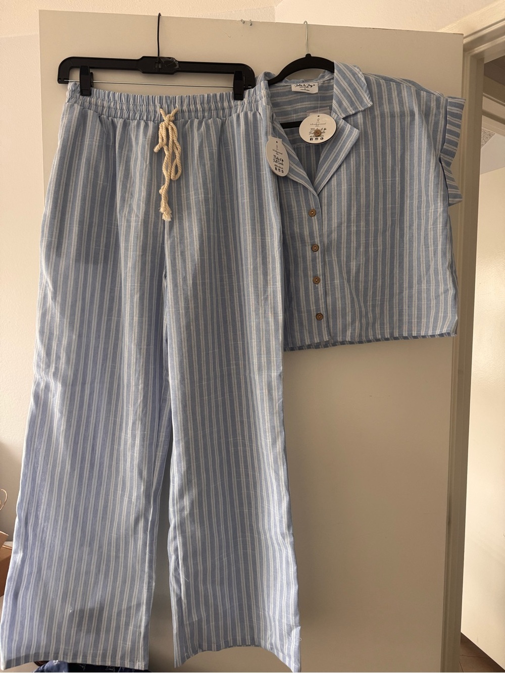 Jolie & Joy - Light Blue & White Striped Two-Piece Lounge Set - Medium